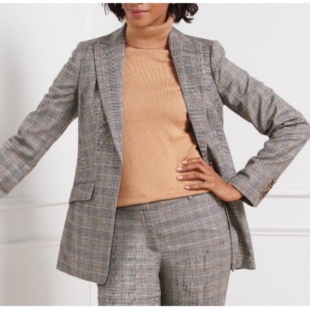 Talbots Countryside Plaid Blazer 12 Wool Blend Tan Gray Classic Long Line Preppy
